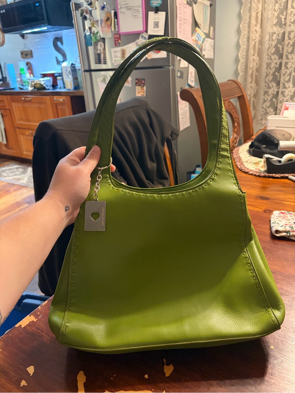Nine & Co. Olive Green Leather Shoulder Bag with Charm
